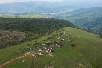 Aerial drone photo of shepherds' summer settlements in the mountains near Lastiver, Yenokavan,...