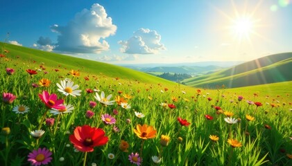 Fototapeta premium Sun-drenched wildflowers carpet rolling hills, vibrant green fields , idyllic, blossom