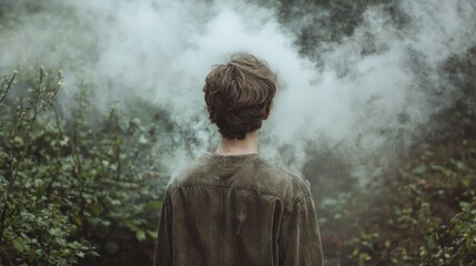 Boy Standing in Foggy Forest with Smoke Surrounding His Head