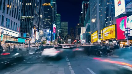 A blurred crowd of business people in the night streets of the business district of the city. A bustling night scene in the business district shows a blurred crowd of professionals on the move.