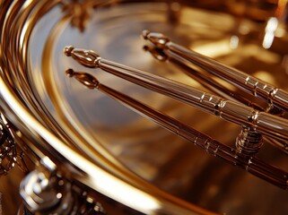 Fototapeta premium Golden Drumsticks and Polished Drum Close up