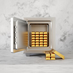 Open steel safe with gold bars in the stone walls room