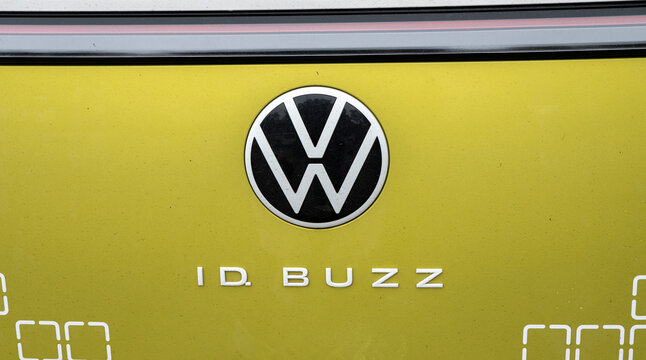 Nitra, Slovakia - October , 4, 2024 : Volkswagen ID Buzz sign. Volkswagen logo on new minivann ID. BUZZ.