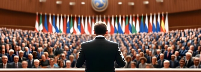 Global Summit: A leader addresses a vast assembly of delegates from around the world, flags of different nations providing a backdrop to this pivotal moment of diplomacy.