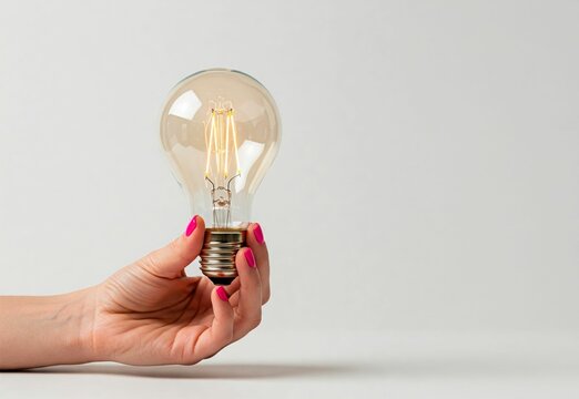 Woman hand holding a glowing light bulb on gray background with copy space