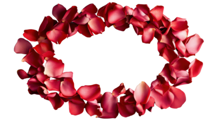 Red rose petals forming oval shape on transparent background