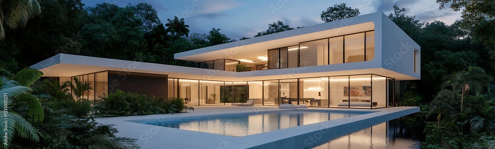 Aufkleber modern architectural villa with large glass windows and a pool, surrounded by lush greenery at twili