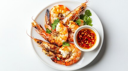 Grilled Prawns with Chili Garlic Sauce on White Plate