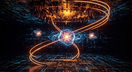 Abstract quantum computing visualization with glowing qubits, energy waves, and a futuristic grid, symbolizing superposition, entanglement, and advanced computation.