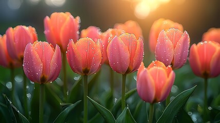 Fototapeta premium Dew kissed Coral Tulips in a Spring Garden at Sunrise