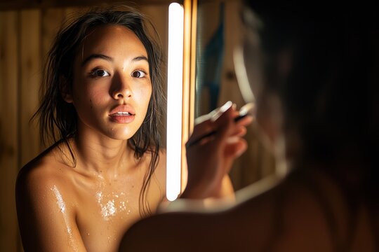 A trans woman confidently applying makeup in front of a mirror, artistic lighting, beauty focus