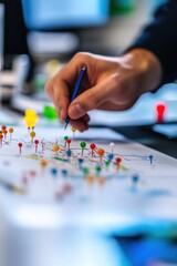 Strategic Planning: A Close-up of a Hand Placing a Pin on a Detailed Map, Representing Business Growth and Project Management