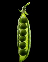 Vibrant green peas nestled inside their pod, a burst of freshness against a stark black background. A study in contrasts and natural beauty.