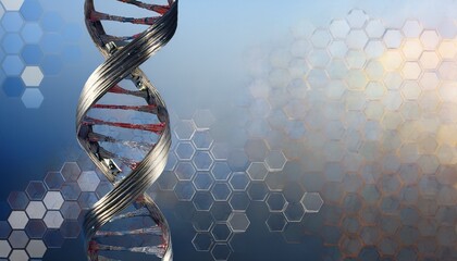 Abstract 3D rendering of a DNA strand against a hexagonal pattern background.  A futuristic, scientific image evoking themes of genetics and technology.