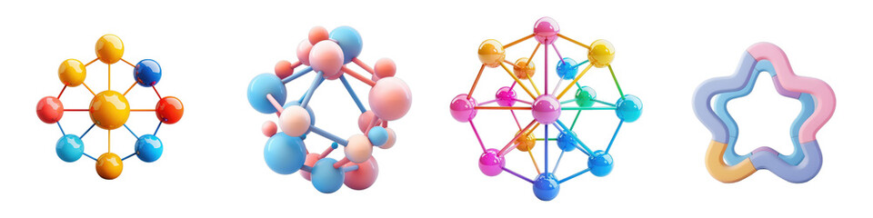 Four colorful molecular structures are displayed on a white background isolated on white or transparent