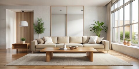 Minimalist living room with large wooden coffee table and floor-to-ceiling mirror above it, showcasing a neutral color palette and natural light illumination, interior design , modern furniture