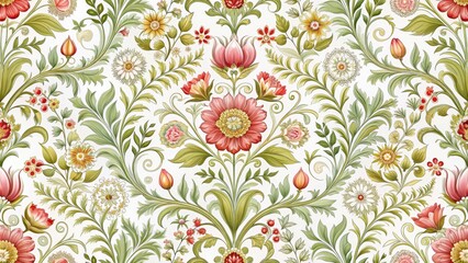 Fototapeta premium Intricate floral and scenic motifs on a white toile seamless background, classic style