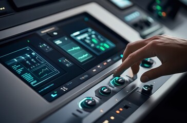 Hand Interacting with Futuristic Teal Control Panel