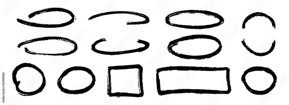 Poster Black charcoal hand drawn frame set. Rectangle, square and round paintbrush border set. Rough sketch elements for diagram, highlight, underline, emphasis. Vector scribbled crayon forms