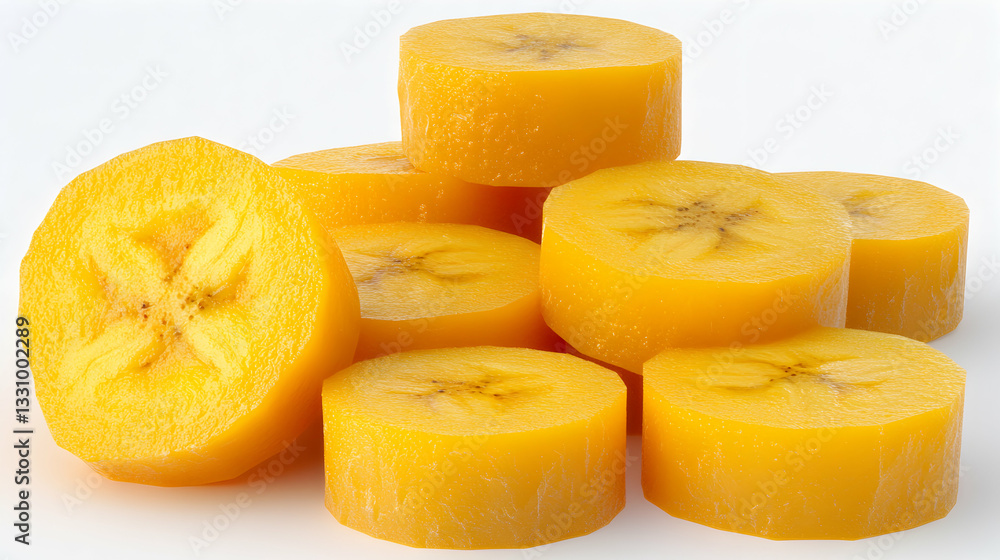 Poster sliced bananas arranged in a visually appealing stack, showcasing their vibrant yellow color and tex