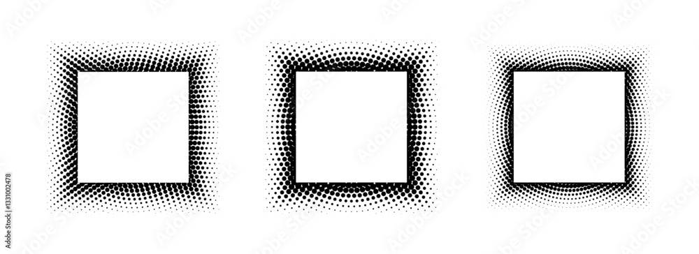 Poster black halftone square frame set. dotted gradient border collection. pop art comic dots picture holde