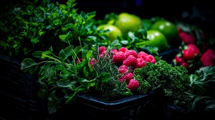 Fototapeta premium Fresh Herbs Raspberries Strawberries Vibrant Healthy Food Photo