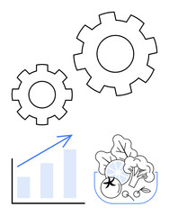 Two interlocking gears, a bar chart with upward trend, and a bowl of vegetables symbolizing teamwork, growth, technology, productivity, health, sustainability innovation. Ideal for flat simple
