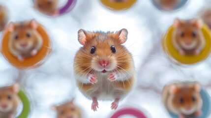 Adorable Hamster in Colorful Wheel  Pet Rodent  Funny Animal  Closeup
