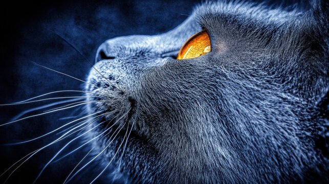 Close up Portrait of a Gray Cat with Glowing Orange Eyes and Sparkling Fur