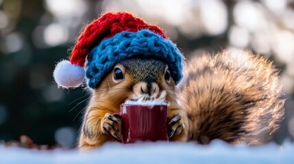 Cute Squirrel in Winter Hat  Enjoying Hot Cocoa in Snowy Forest