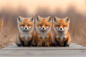 Obraz premium photograph of two fox cubs sitting on the boardwalk in a beau