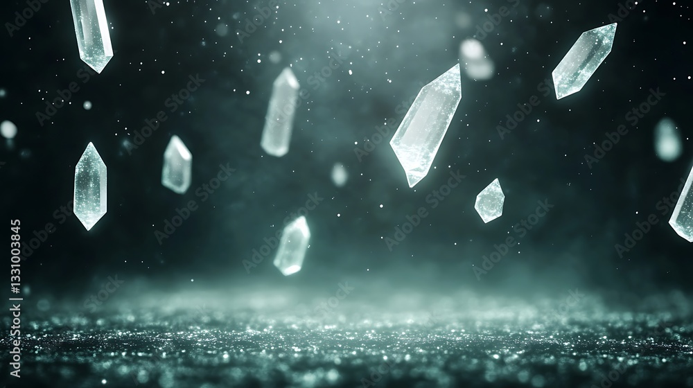 Poster falling crystals create a mystical atmosphere with shimmering reflections in a dark, ethereal space.