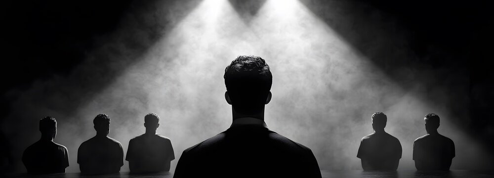 Silhouette of a Leader: A silhouette of a leader confidently stands before a group, illuminated by spotlights, in an atmosphere of intensity and suspense.