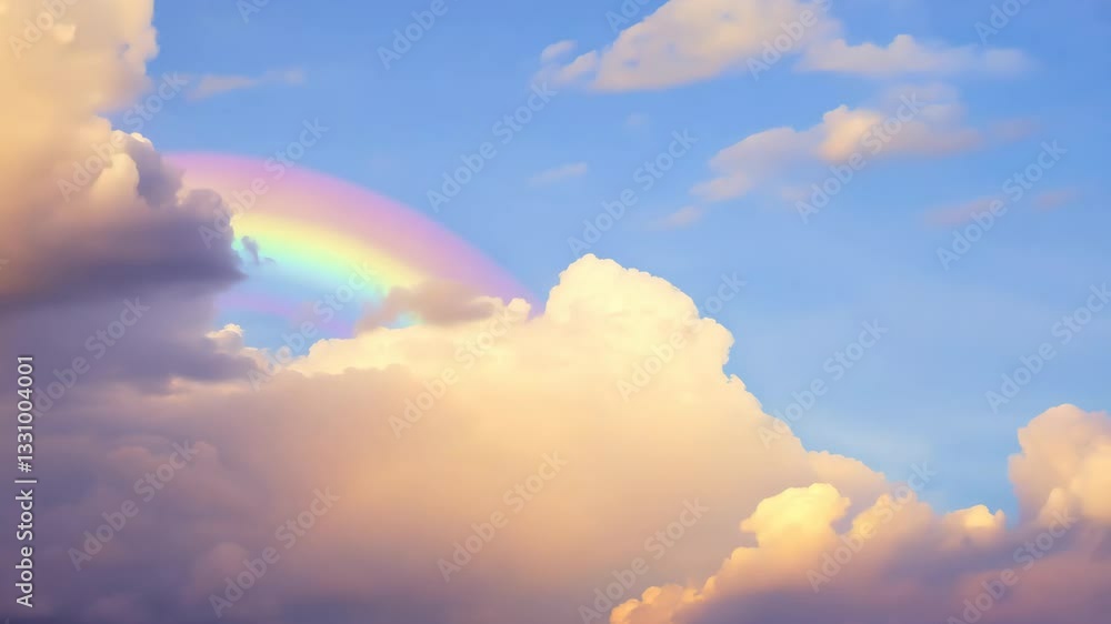 Poster looping video background of a colorful sky with rainbow and fluffy clouds