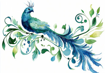 Blue peacock watercolor clipart isolated on white background,Oriental style magnificent blue peacock watercolor illustration.