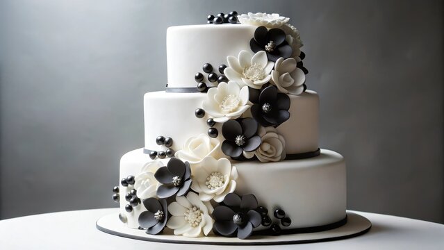 Una tarta decorada con fondant en forma de flor, con detalles en blanco y negro , flowers, wedding cake,  flowers