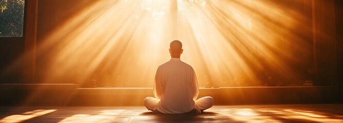 Solitude in the Sunlight: A serene individual sits in quiet meditation, bathed in heavenly light, embodying a moment of inner peace and spiritual contemplation.