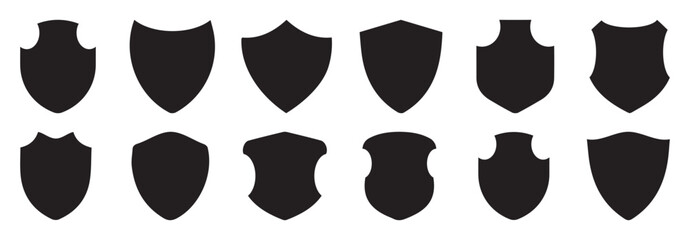 Shield vector logo art, lovely collection of shield silhouettes. Labels for the police, military, soccer, and other sports are shaped by black badges. Vector illustration 