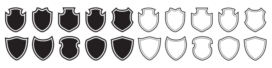 Shield icon set. Protect shield security line icons. badges shape collections. Badge quality symbol, sign, logo or emblem. Vector illustration.