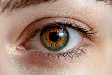 Obraz premium A close-up of a human eye showcasing intricate patterns and colors, highlighting a rich blend of green, brown, and gold hues.