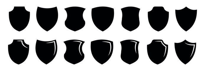 Shields set. Collection of security shield icons with contours and linear signs. Design elements for concept of safety and protection.  Vector illustration.