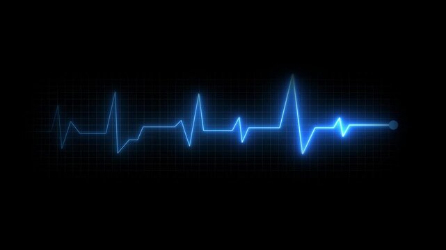 Heart beat pulse. Glowing neon blue heart cardiogram line on dark background. Electrocardiogram show heart beat line