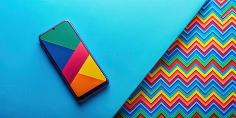 Brightly colored mobile phone placed on a vibrant blue surface with bold geometric patterns surrounding it, capturing an eye-catching visual effect, pattern, design