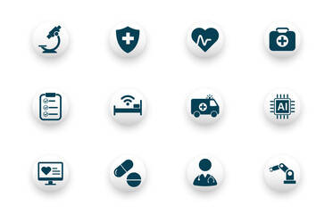 Naklejka premium Medical icon. Solid vector icon set with ambulance, doctor, technology, smart hospital, medical box icons.