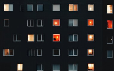Naklejka premium Dark Building Facade With Illuminated Windows At Night