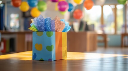 Colorful Gift Box with Party Decorations in Background