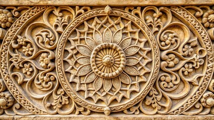Intricate stone sculpture with ornate floral patterns and swirling designs showcasing cultural heritage from a ancient civilization, floral, sculpture