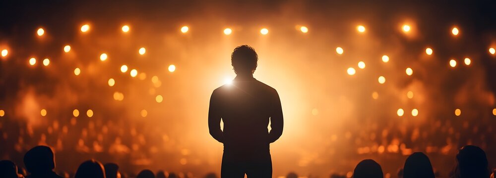 Orator's Aura: A silhouette of a poised individual commands the stage, bathed in a radiant glow. Surrounded by an audience, the atmosphere is charged with anticipation.