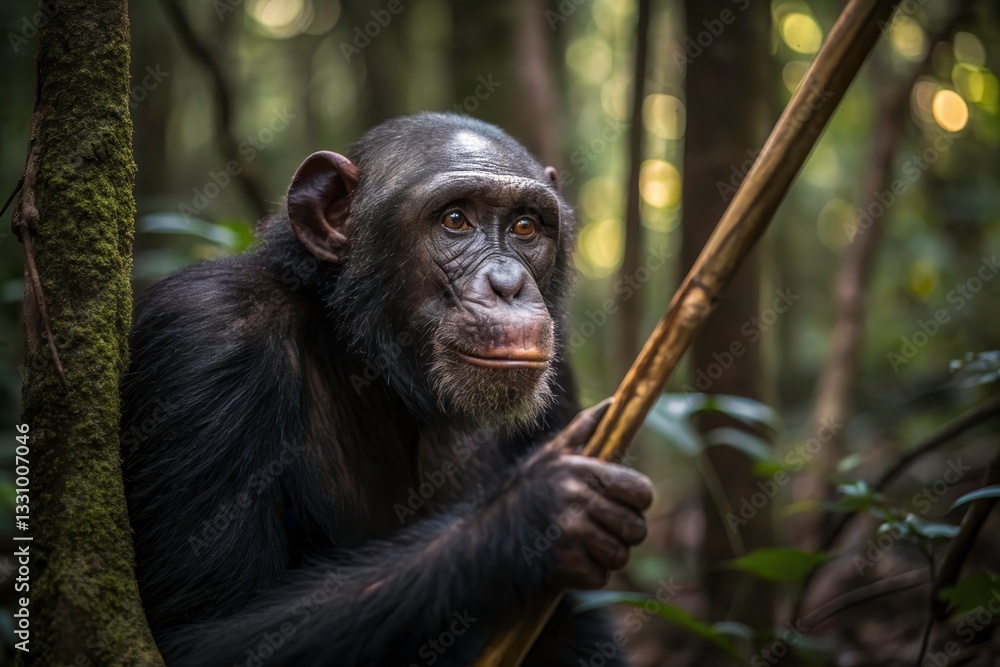 Poster chimpanzee skillfully using stick as tool in the wild rainforest setting generative ai