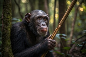 Obraz premium Chimpanzee Skillfully Using Stick as Tool in the Wild Rainforest Setting Generative AI